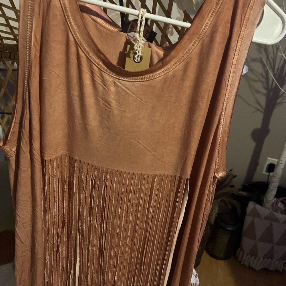 POL Fringe Hem Tank – Rust Knit Sleeveless Boho Festival Top – NWT